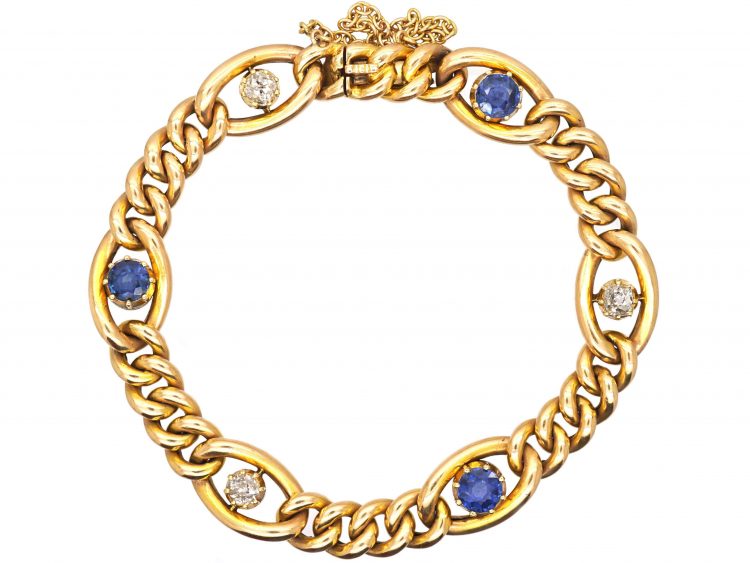 Edwardian 15ct Gold Curb Bracelet set with Sapphire & Diamonds