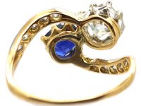 Edwardian 18ct Gold & Platinum, Rectangular Diamond & Sapphire Crossover Ring