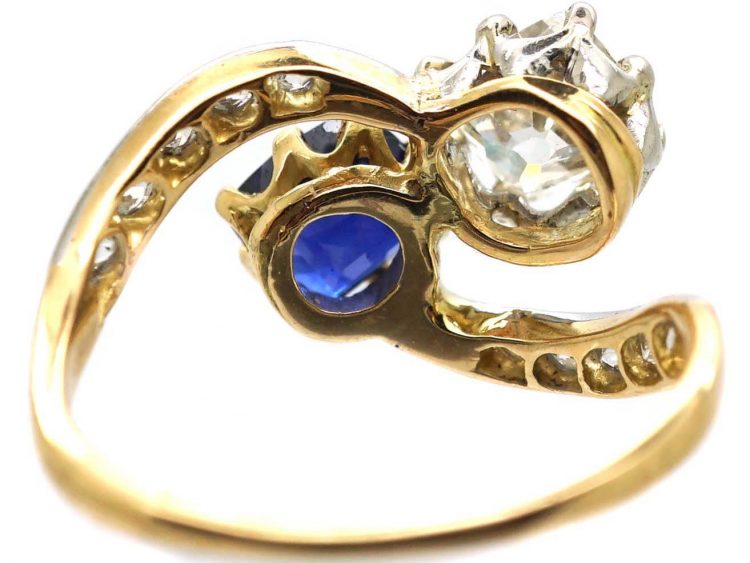 Edwardian 18ct Gold & Platinum, Rectangular Diamond & Sapphire Crossover Ring