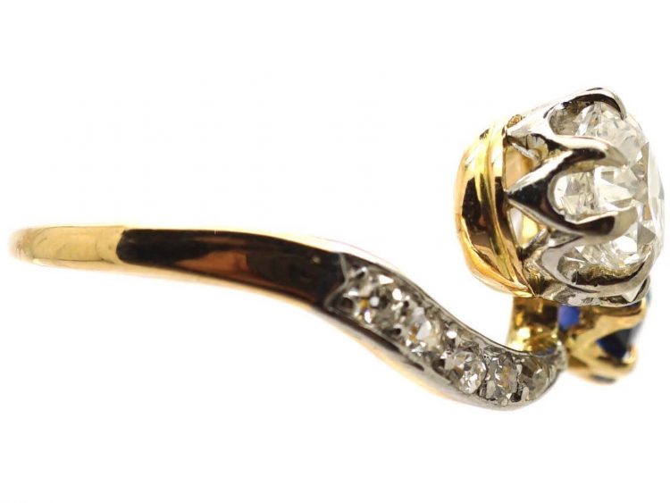 Edwardian 18ct Gold & Platinum, Rectangular Diamond & Sapphire Crossover Ring
