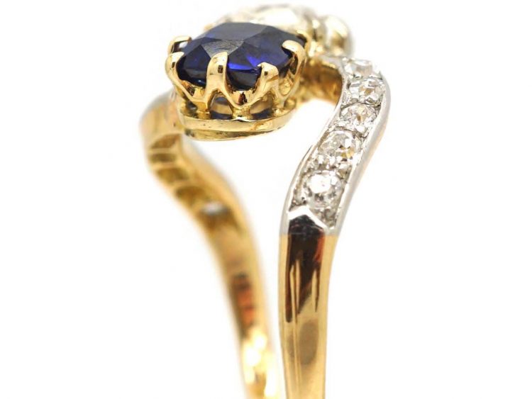 Edwardian 18ct Gold & Platinum, Rectangular Diamond & Sapphire Crossover Ring