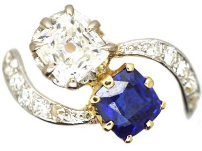 Edwardian 18ct Gold & Platinum, Rectangular Diamond & Sapphire Crossover Ring