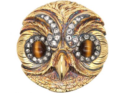 French 18ct Gold, Rose Diamond & Tiger's Eye Brooch of an Owl's Head by Paul Robin