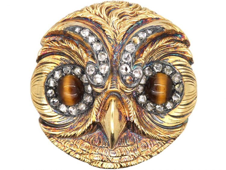 French 18ct Gold, Rose Diamond & Tiger's Eye Brooch of an Owl's Head by Paul Robin