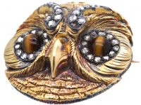 French 18ct Gold, Rose Diamond & Tiger's Eye Brooch of an Owl's Head by Paul Robin