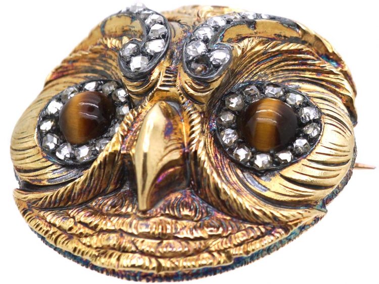 French 18ct Gold, Rose Diamond & Tiger's Eye Brooch of an Owl's Head by Paul Robin