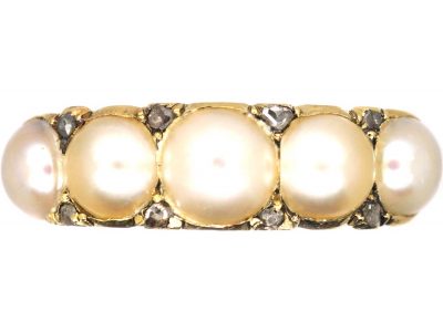 Victorian 18ct Gold Ring set with Five Natural Pearls with Rose Diamond Points