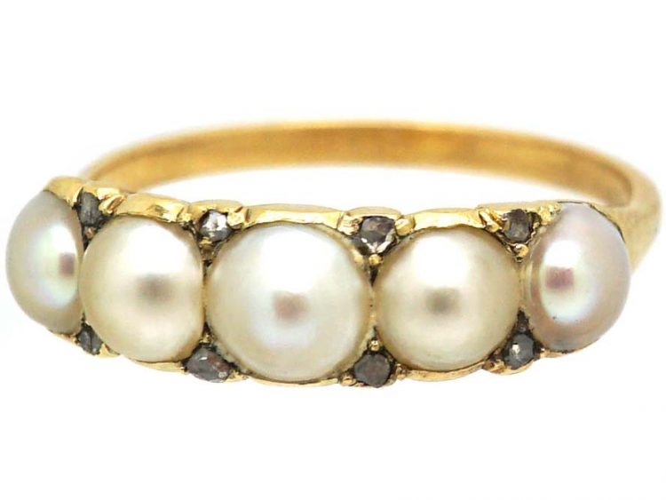 Victorian 18ct Gold Ring set with Five Natural Pearls with Rose Diamond Points