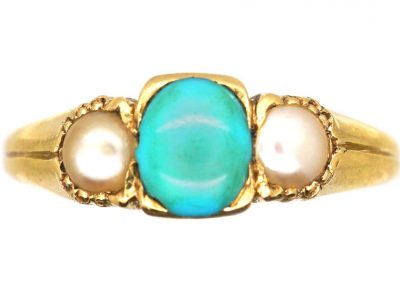 Victorian 18ct Gold Ring set with a Turquoise & Two Natural Split Pearls