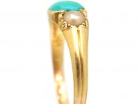Victorian 18ct Gold Ring set with a Turquoise & Two Natural Split Pearls