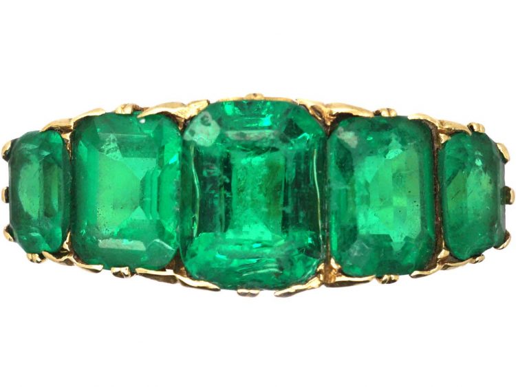 Victorian 18ct Gold & Emerald Paste Five Stone Carved Half Hoop Ring