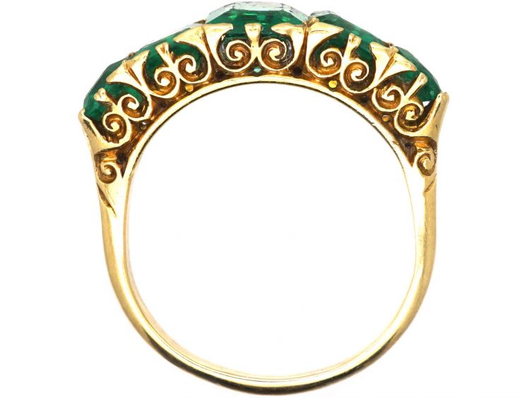 Victorian 18ct Gold & Emerald Paste Five Stone Carved Half Hoop Ring