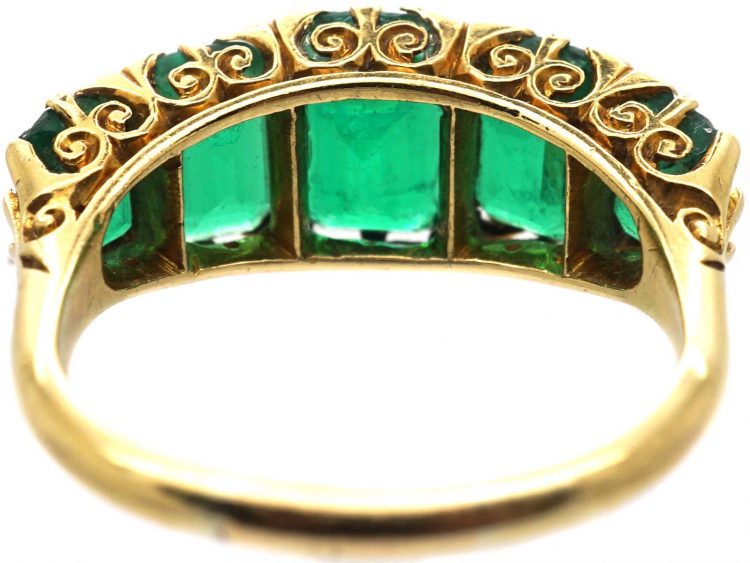 Victorian 18ct Gold & Emerald Paste Five Stone Carved Half Hoop Ring