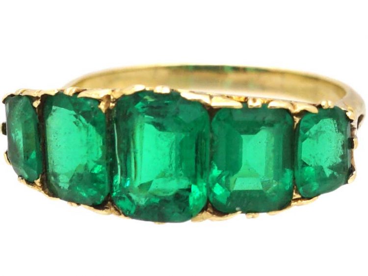 Victorian 18ct Gold & Emerald Paste Five Stone Carved Half Hoop Ring