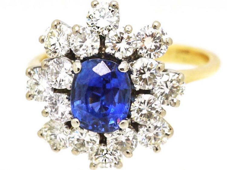 Modernist 18ct Gold Cluster Ring set with a Sapphire & Diamonds