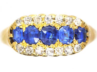 Edwardian 18ct Gold Boat Shaped Ring set with Sapphires & Diamonds