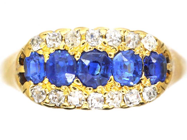 Edwardian 18ct Gold Boat Shaped Ring set with Sapphires & Diamonds