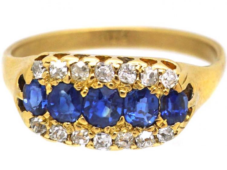 Edwardian 18ct Gold Boat Shaped Ring set with Sapphires & Diamonds