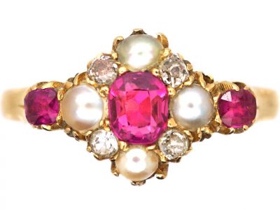 Edwardian 18ct Ruby, Diamond & Natural Split Pearl Ring