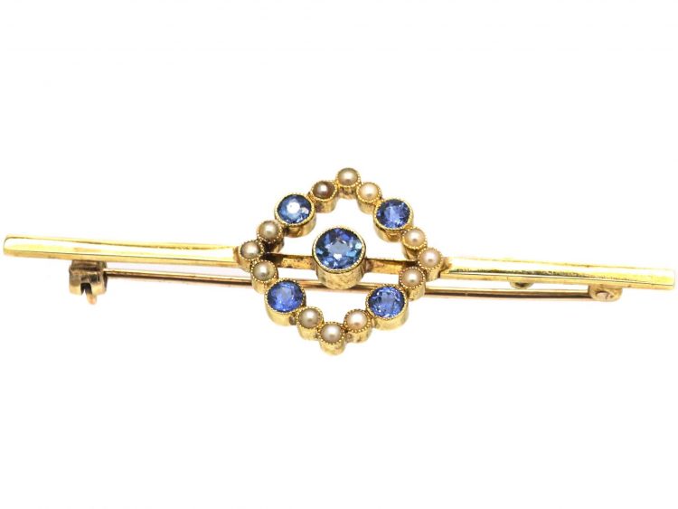 Edwardian 15ct Gold, Sapphire & Natural Split Pearl Brooch