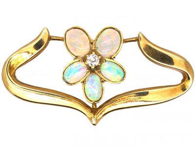 Art Noveau 15ct Gold Pansy Brooch set with Opals & a Diamond