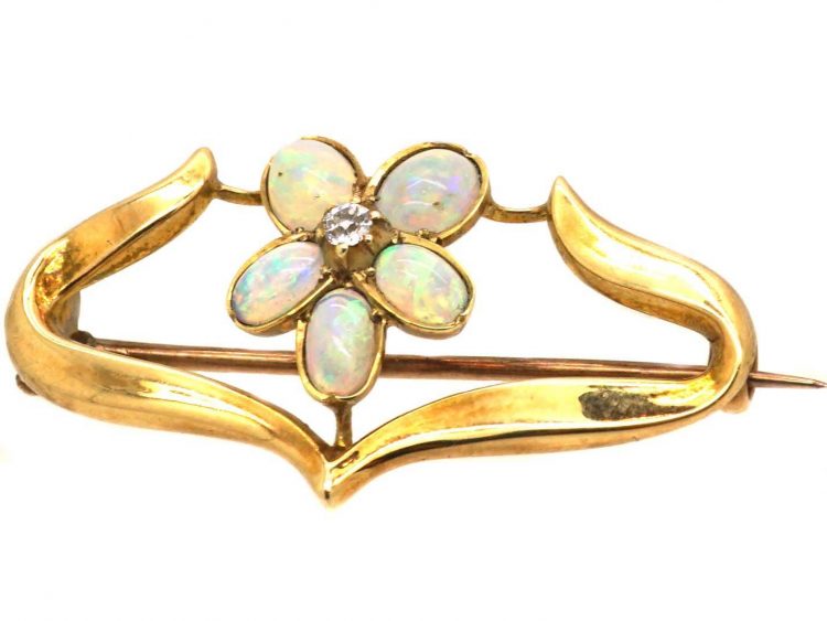 Art Noveau 15ct Gold Pansy Brooch set with Opals & a Diamond