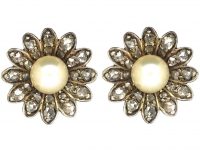 Edwardian Rose Diamond & Natural Bouton Pearl Flower Earrings