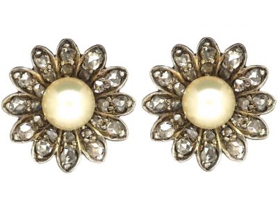 Edwardian Rose Diamond & Natural Bouton Pearl Flower Earrings