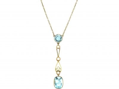 Edwardian 15ct Gold, Aquamarine & Natural Split Pearl Pendant on 15ct Gold Chain