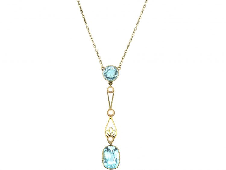 Edwardian 15ct Gold, Aquamarine & Natural Split Pearl Pendant on 15ct Gold Chain