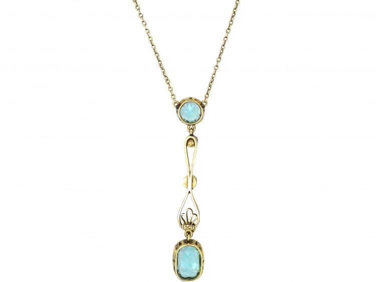 Edwardian 15ct Gold, Aquamarine & Natural Split Pearl Pendant on 15ct Gold Chain