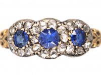 Edwardian 18ct Gold Triple Cluster Ring set with Three Sapphires & Rose Diamonds