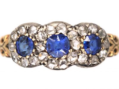 Edwardian 18ct Gold Triple Cluster Ring set with Three Sapphires & Rose Diamonds