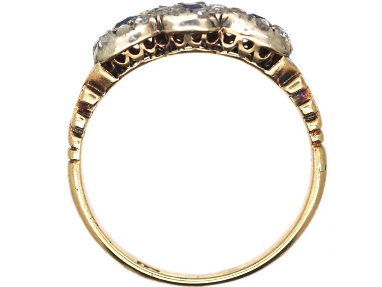 Edwardian 18ct Gold Triple Cluster Ring set with Three Sapphires & Rose Diamonds