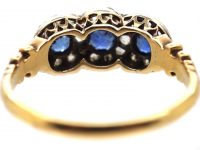 Edwardian 18ct Gold Triple Cluster Ring set with Three Sapphires & Rose Diamonds