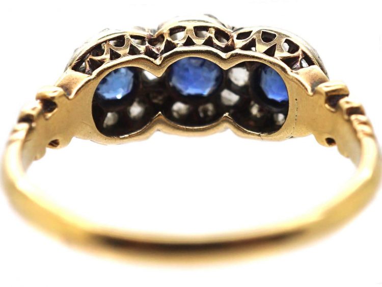 Edwardian 18ct Gold Triple Cluster Ring set with Three Sapphires & Rose Diamonds