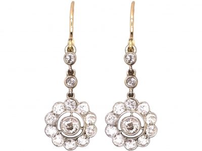 Edwardian 15ct Gold & Platinum, Diamond Cluster Drop Earrings