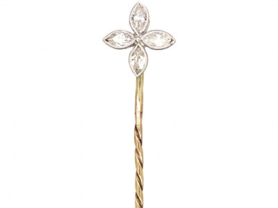 Edwardian 18ct Gold & Platinum, Quatrefoil Tie Pin set with Marquise Diamonds