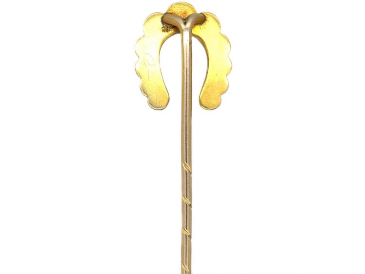 Edwardian 15ct Gold Horseshoe Tie Pin set with Natural Split Pearls