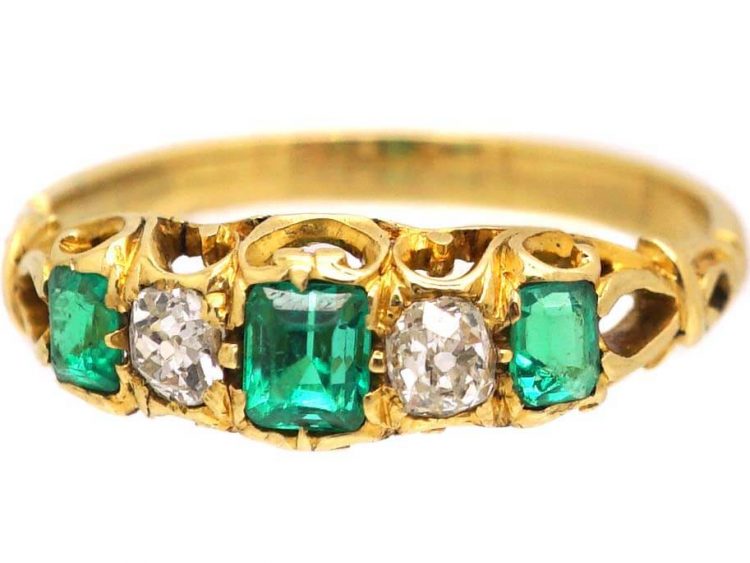 Early Victorian 18ct Gold, Emerald & Diamond Five Stone Ring