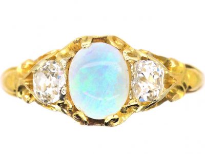 Victorian 18ct Gold, Opal & Diamond Three Stone Ring