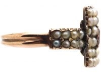 Georgian 9ct Gold Plaque Ring set with an Almandine Garnet & Natural Split Pearls