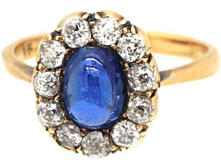 Edwardian 15ct Gold, Cabochon Sapphire & Diamond Cluster Ring