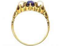 Victorian 15ct Gold Ring set with a Colour Change Sapphire & Two Pearls