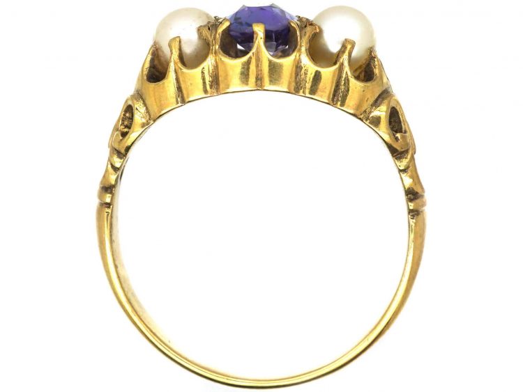 Victorian 15ct Gold Ring set with a Colour Change Sapphire & Two Pearls