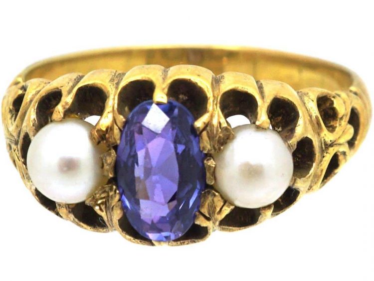 Victorian 15ct Gold Ring set with a Colour Change Sapphire & Two Pearls