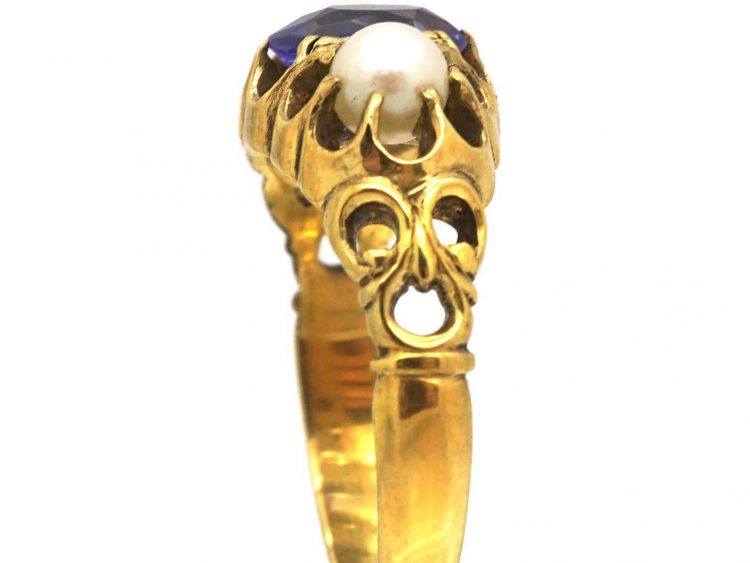 Victorian 15ct Gold Ring set with a Colour Change Sapphire & Two Pearls