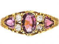 Victorian 15ct Gold Ring set with a Garnet, Two Heart Shaped Garnets & Diamonds