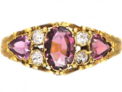 Victorian 15ct Gold Ring set with a Garnet, Two Heart Shaped Garnets & Diamonds