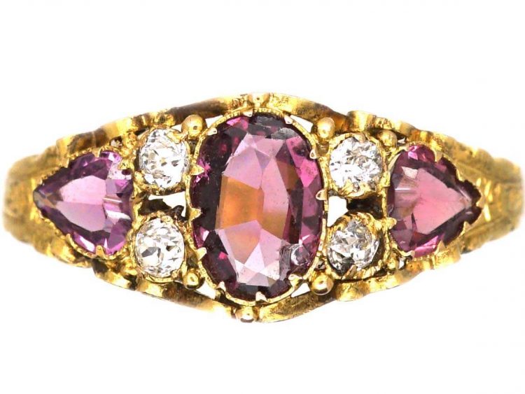 Victorian 15ct Gold Ring set with a Garnet, Two Heart Shaped Garnets & Diamonds